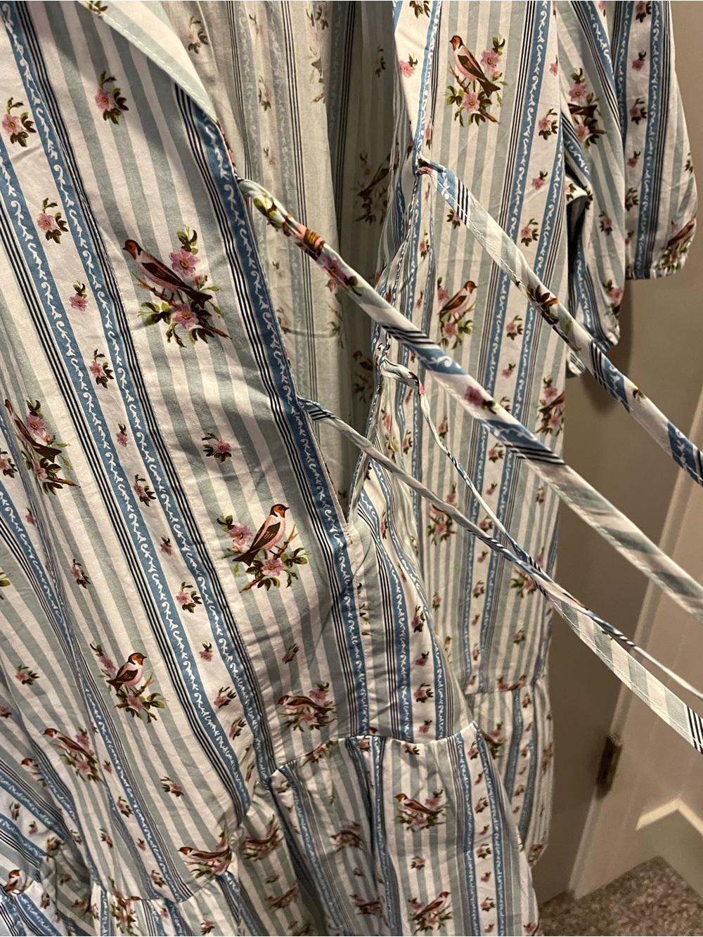 Anthropologie Light Blue Striped Floral And Bird Tie-Front Mini Dress NWOT - Picture 9 of 11